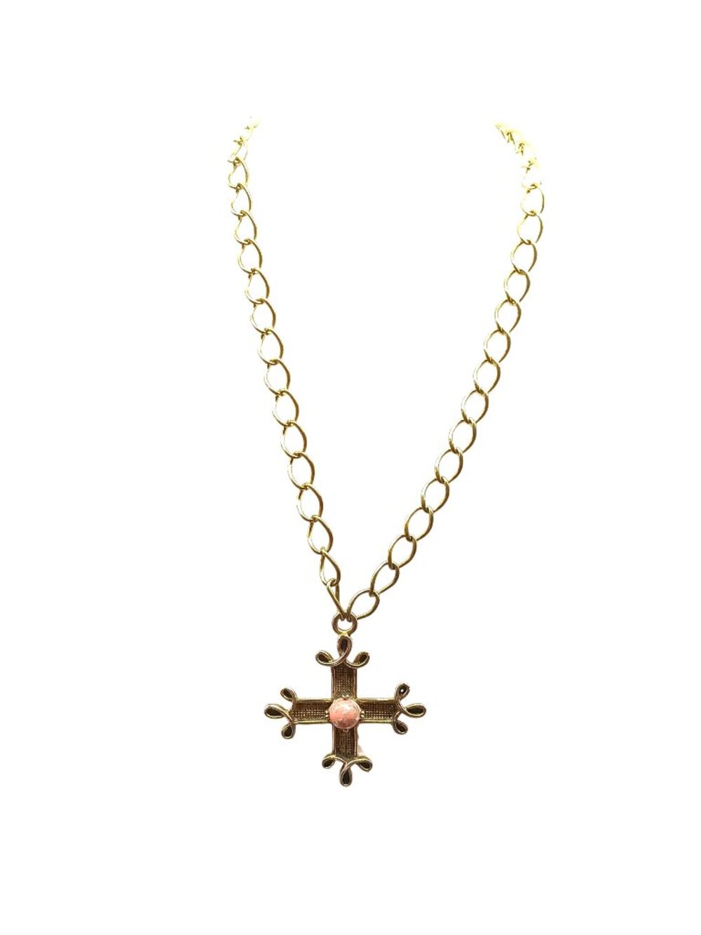 Vintage Gold-Tone Cross Pendant Necklace with Coral Cabochon Accent on Chunky